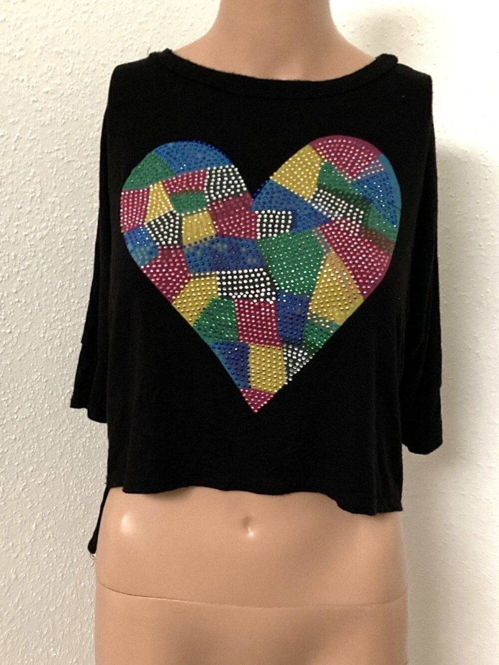 Kiddo by Katie Women's S Black Cropped Knit Top 3/4 Sleeve Studded Heart